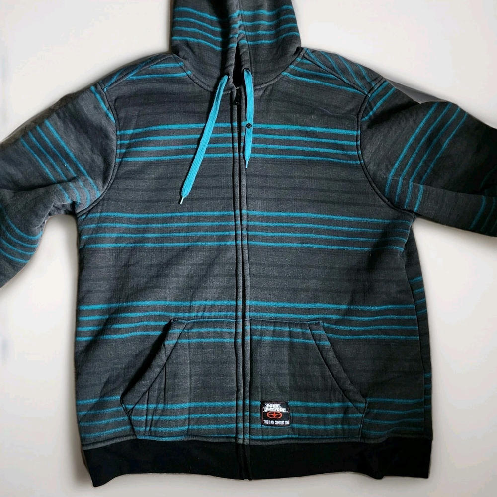 No Fear Sweatshirt Mens XL Gray & Blue Striped Full Zip Fleece Lined Hoodie Y2K - Picture 7 of 15